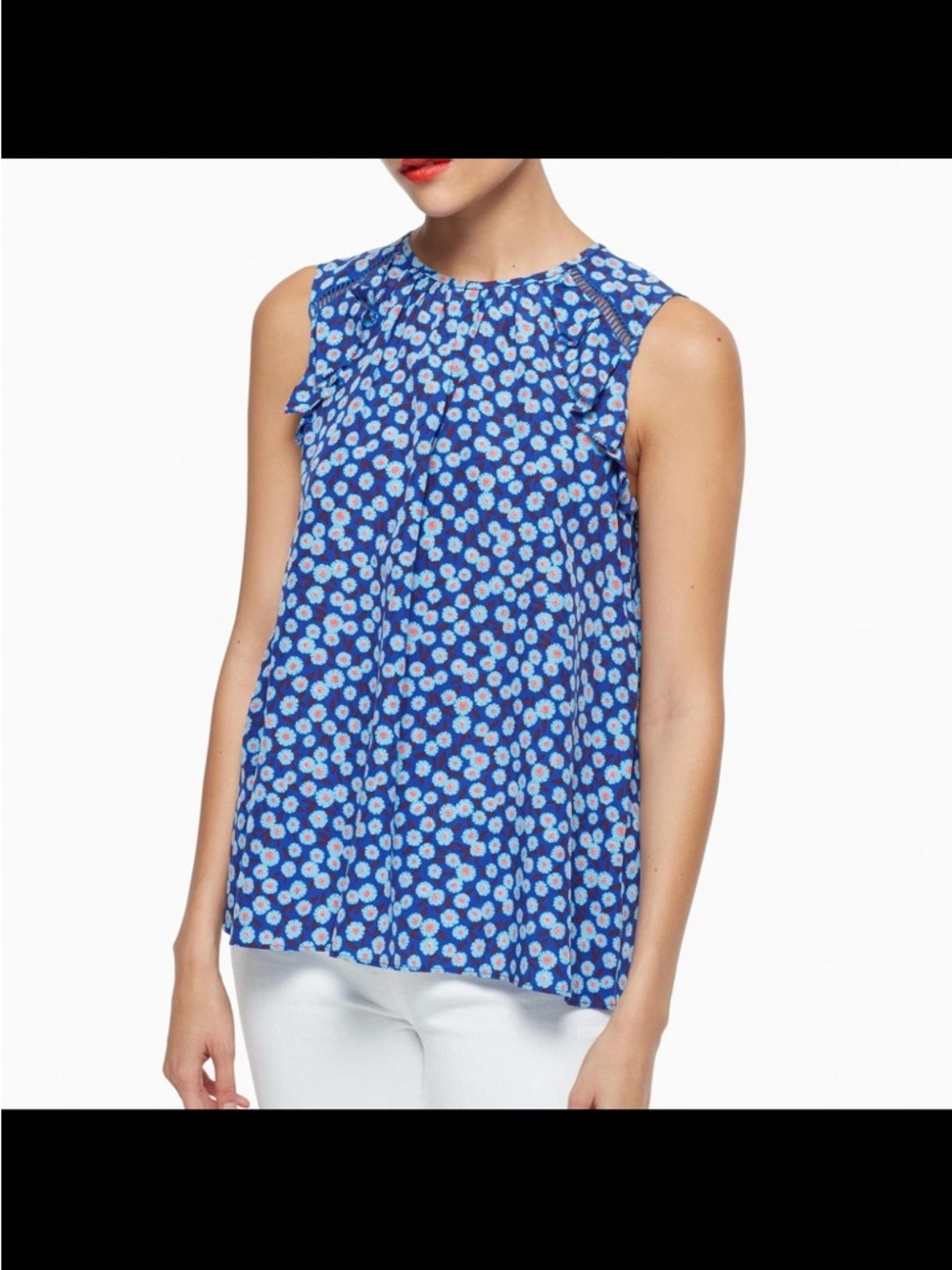 Kate Spade Silk Tangier Ruffle Blue Floral sleeveless top blouse size s